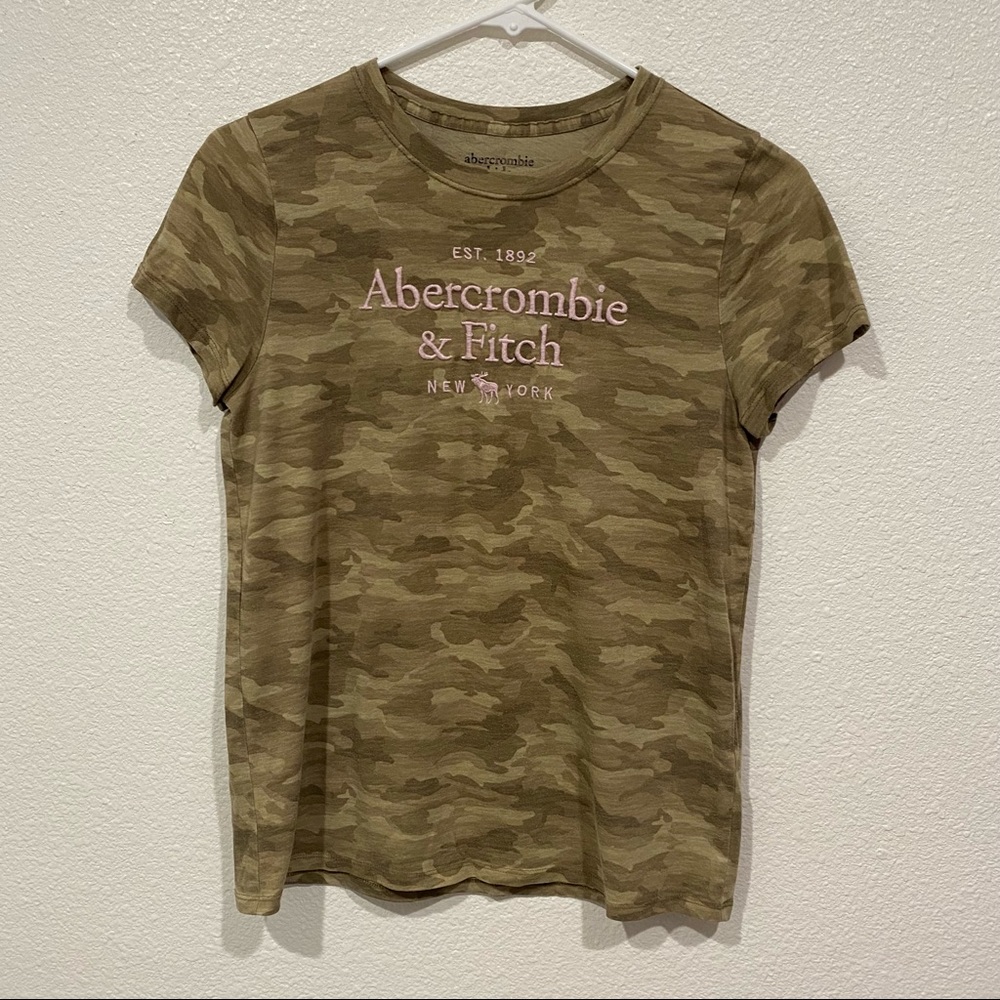 Kids Abercrombie Girls Green Brown Camo Camouflage Short Sleeve T-Shirt 15/16